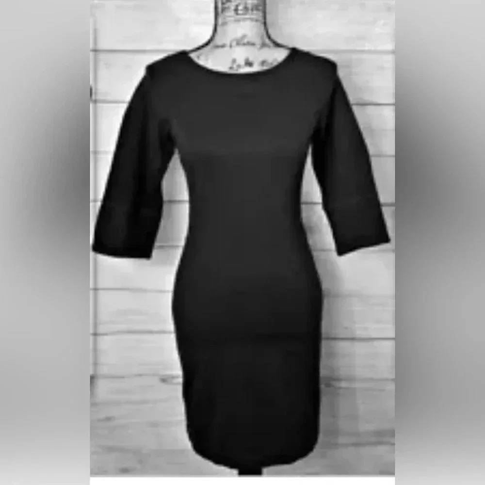Woman THEORY Black Boat Neck 3/4 Sleeve Bodycon Dress Sz 2 EUC USA
